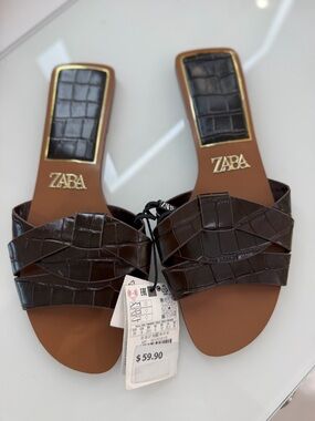 ZARA Brown Croc-Embossed Slide Sandals